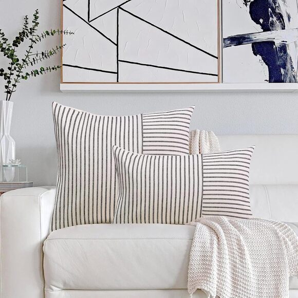 Hckot Farmhouse Pillow Covers 12x20, Set of 2, Black & Beige Striped - Picture 2 of 3